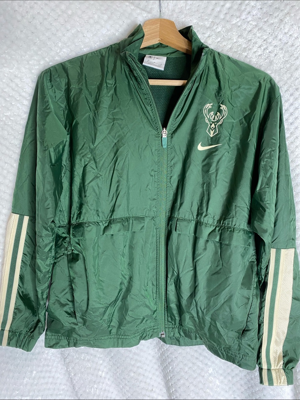 Nike NBA Milwaukee Bucks Green Team Jacket with Cream Stripe Details